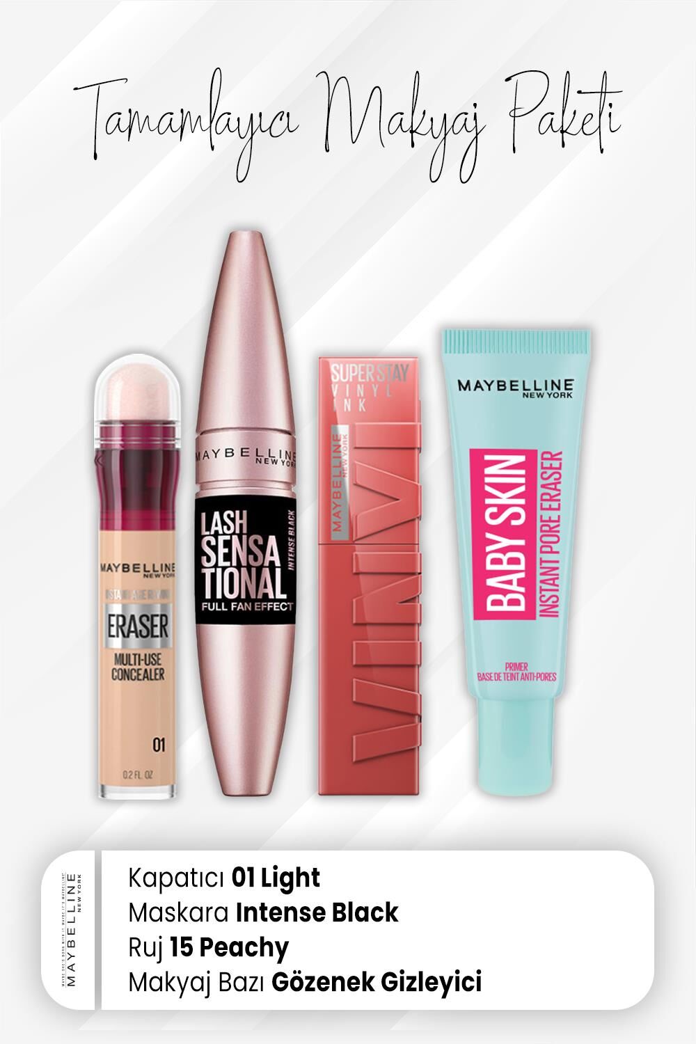 Maybelline New York Eraser Kapatıcı 01, Full Fan Maskara Intense Black, Vinyl Ink Ruj 15 Peachy ve Makyaj Bazı Baby