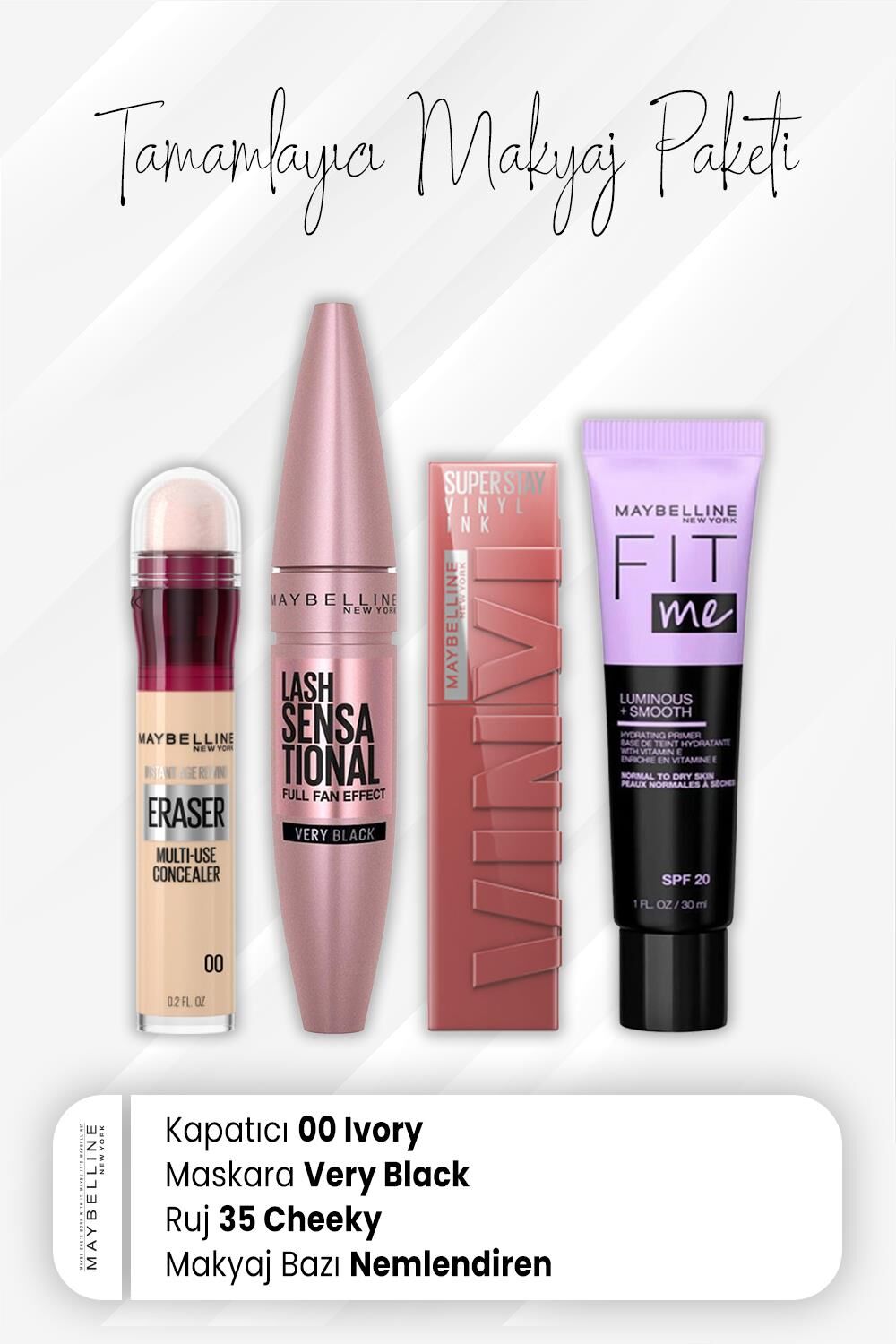 Maybelline New York Eraser Kapatıcı 00, Full Fan Maskara Very Black, Vinyl Ink Ruj 35 Cheeky ve Nemlendiren Baz