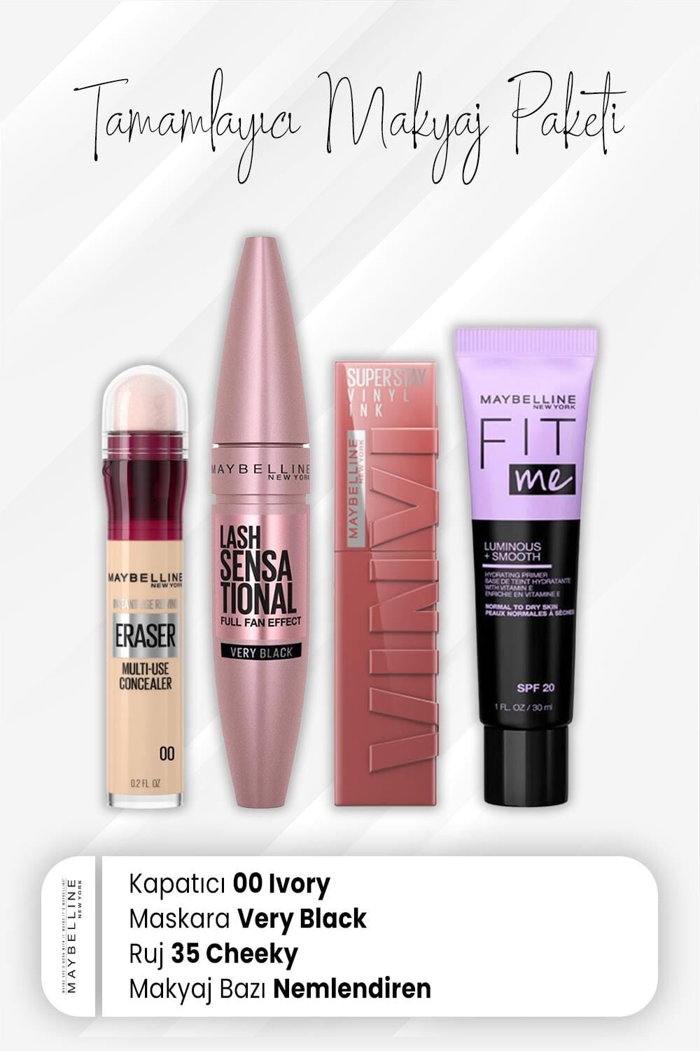Maybelline New York Eraser Kapatıcı 00, Full Fan Maskara Very Black, Vinyl Ink Ruj 35 Cheeky ve Nemlendiren Baz