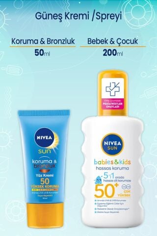 Nivea Sun Koruma ve Bronzluk Spf 50 Faktör Yüz için Güneş Kremi 50 ml ve Çocuk Güneş Spreyi 50+ 200 ml