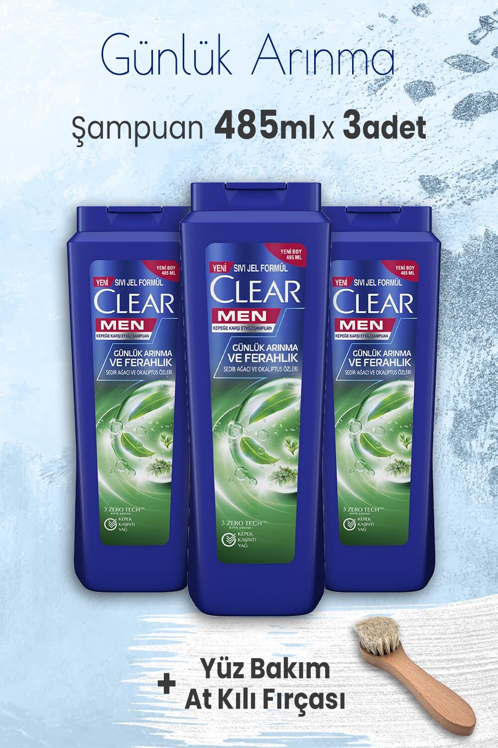 Clear Men Şampuan Günlük Arınma 485 ml x 3 Adet ve Yüz Bakım At Kılı Fırçası