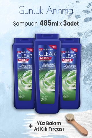 Clear Men Şampuan Günlük Arınma 485 ml x 3 Adet ve Yüz Bakım At Kılı Fırçası
