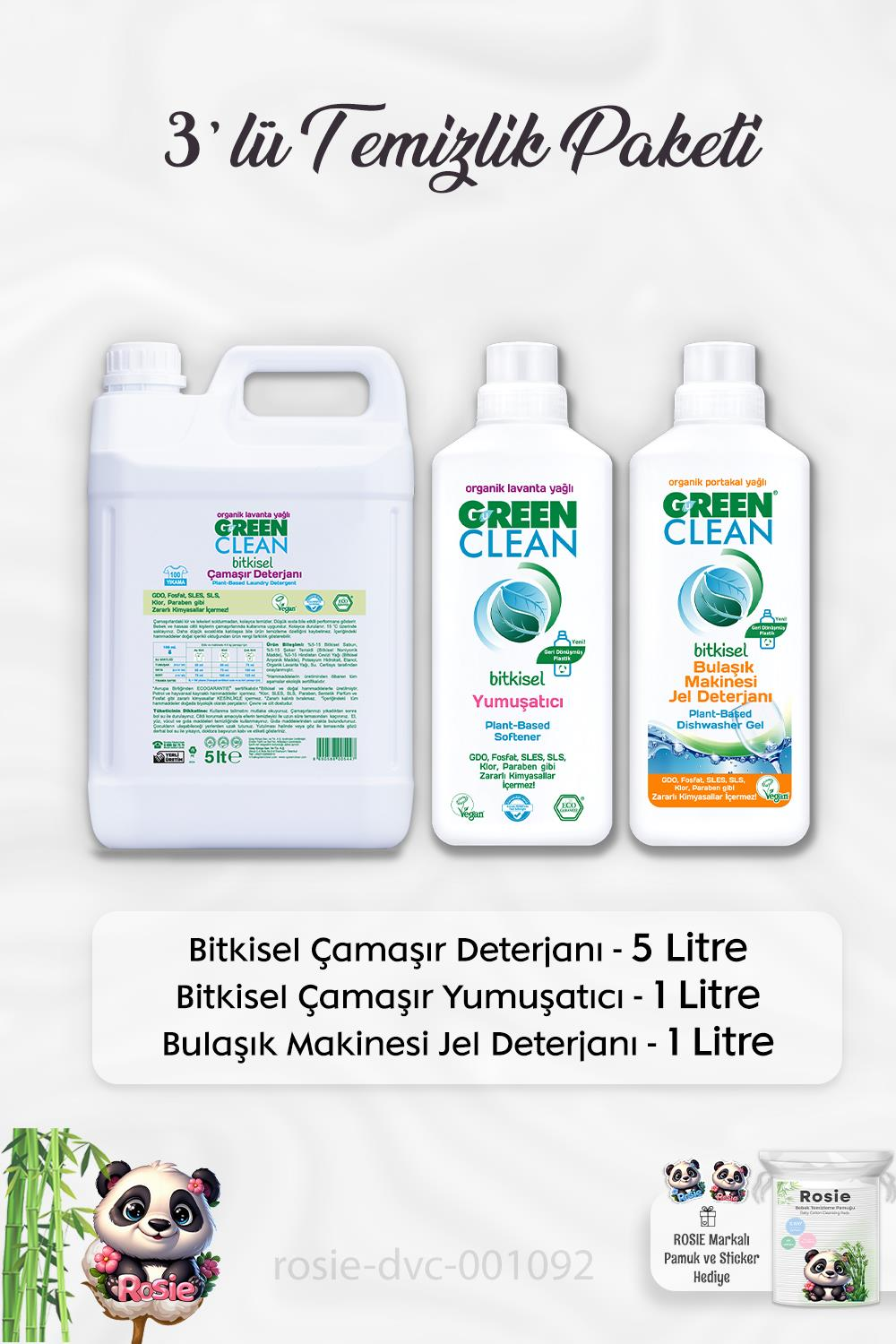 Green Clean Çamaşır Deterjanı 5 lt, Yumuşatıcı 1 lt, Çamaşır Suyu 1 lt ve ROSIE