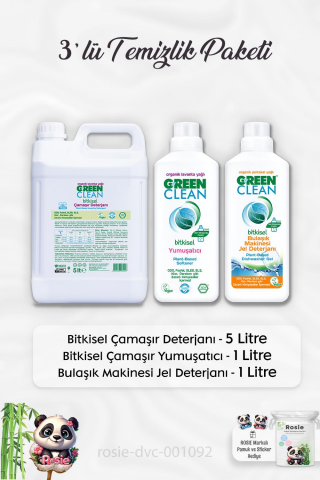 Green Clean Çamaşır Deterjanı 5 lt, Yumuşatıcı 1 lt, Çamaşır Suyu 1 lt ve ROSIE
