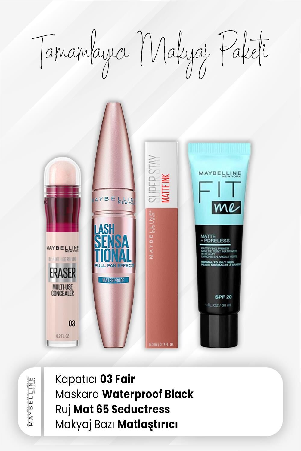Maybelline New York Eraser Kapatıcı 03, Waterproof Maskara Intense Black, Matte Ink Ruj 65 Seductress ve ve Matlaştırıcı Baz