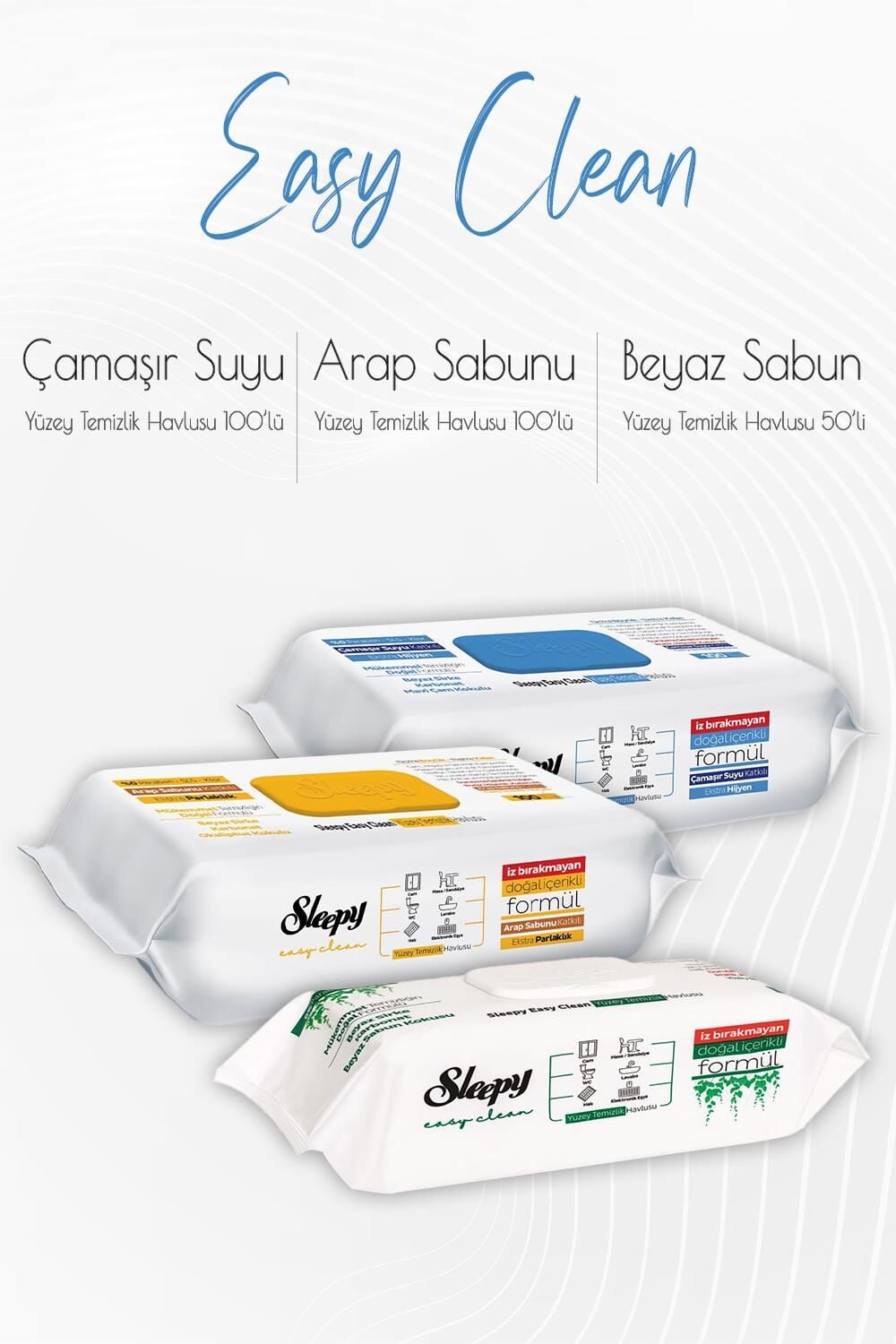 Sleepy Easy Clean Yüzey Temizlik Havlusu 50'li ,Çamaşır Suyu Katkılı 100'lü ve Arap Sabunu Katkılı 100' lü