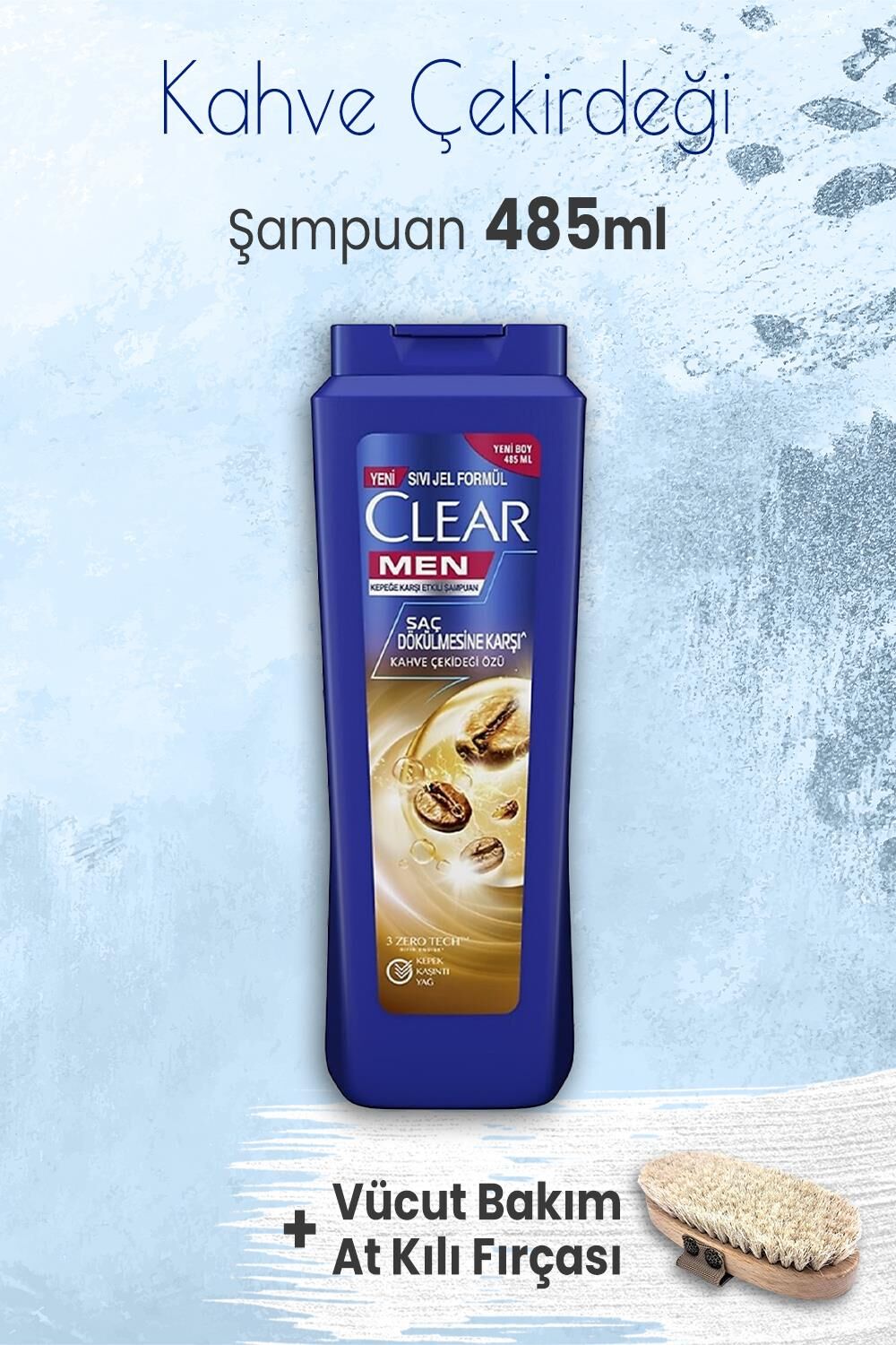 Clear Men Şampuan Kahve Çekirdeği Özü 485 ml ve Vücut Bakım At Kılı Fırçası