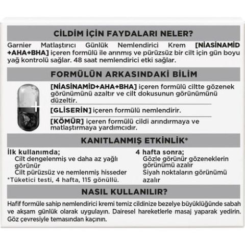Garnier AHA BHA Kömür 3'ü 1 Arada Matlaştırıcı Günlük Nemlendirici Krem 50 ml