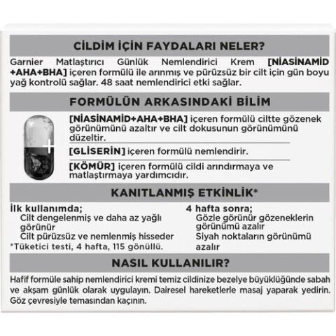 Garnier AHA BHA Kömür 3'ü 1 Arada Matlaştırıcı Günlük Nemlendirici Krem 50 ml