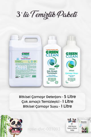 Green Clean Çamaşır Deterjanı 5 lt, Çok Amaçlı Temizleyici 1 lt, Çamaşır Suyu 1lt ve ROSIE