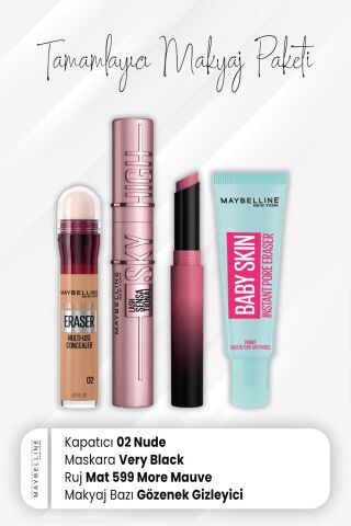 Maybelline New York Eraser Kapatıcı 02, Sky High Maskara Very Black, Ultimatte Mat Ruj 599 More Mauve ve Makyaj Bazı Baby