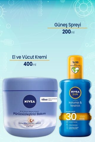 Nivea El ve Vücut Pürüzsüzleştirici Bakım Kremi 400 ml ve Güneş Spreyi 200 ml Koruma & Ferahlık 30