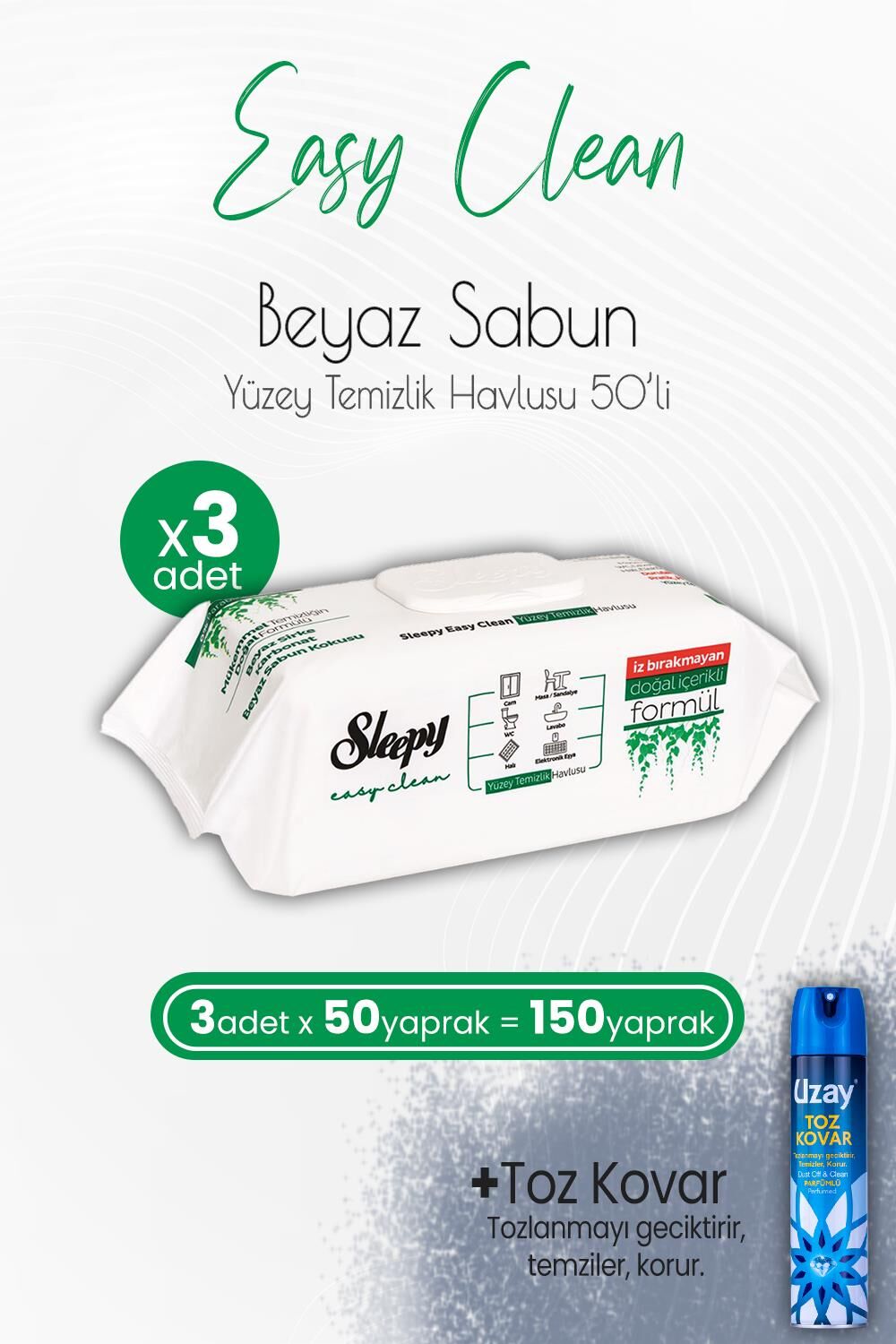 Sleepy Easy Clean Yüzey Temizlik Havlusu 50' li x 3 Adet ve Toz Kovar