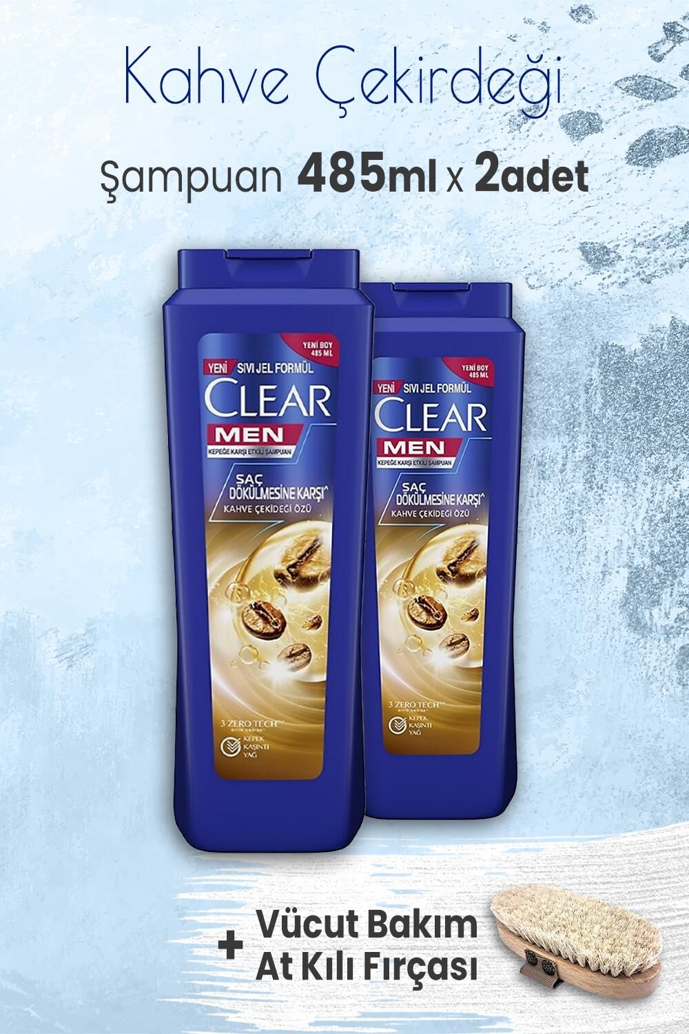Clear Men Şampuan Kahve Çekirdeği Özü 485 ml x 2 Adet ve Vücut Bakım At Kılı Fırçası
