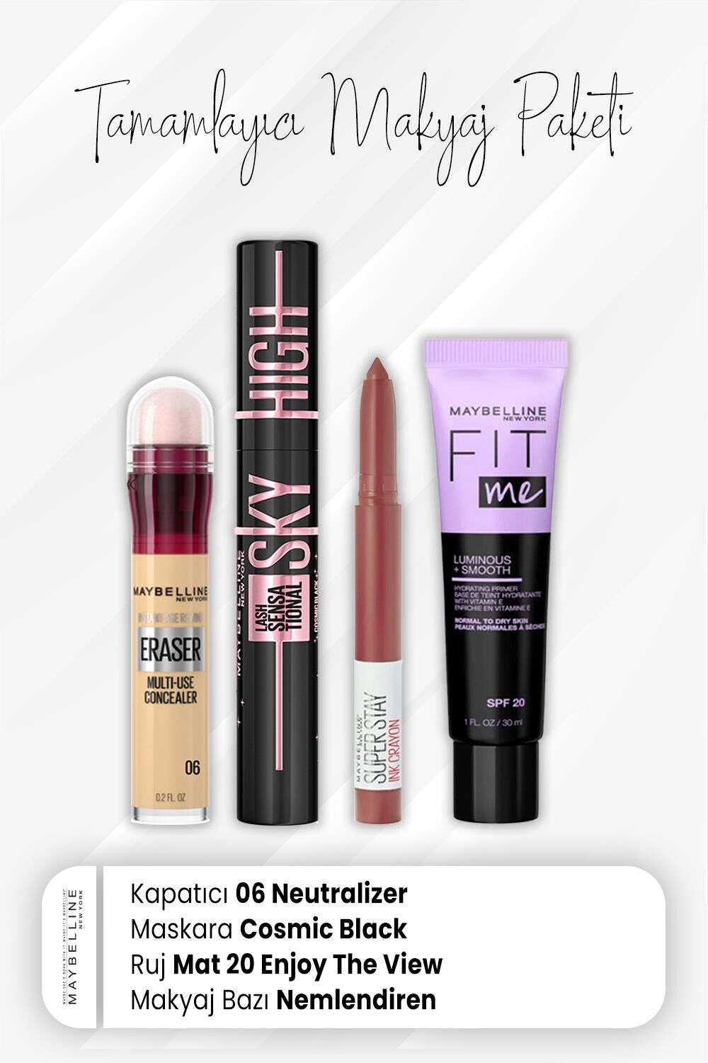 Maybelline New York Eraser Kapatıcı 06, Sky High Maskara Cosmic Black, Crayon Mat Ruj 20 Enjoy ve Nemlendiren Baz