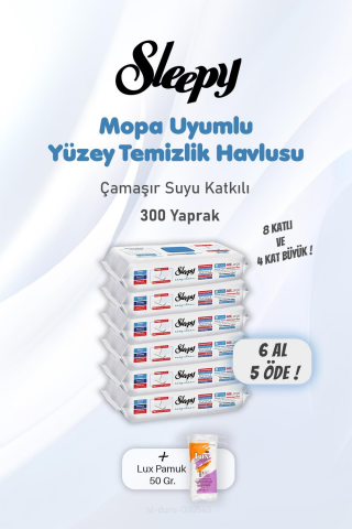 Sleepy Yüzey Temizlik Havlusu Çamaşır Suyu Katkılı 6 AL 5 ÖDE 300 Yaprak ve Pamuk
