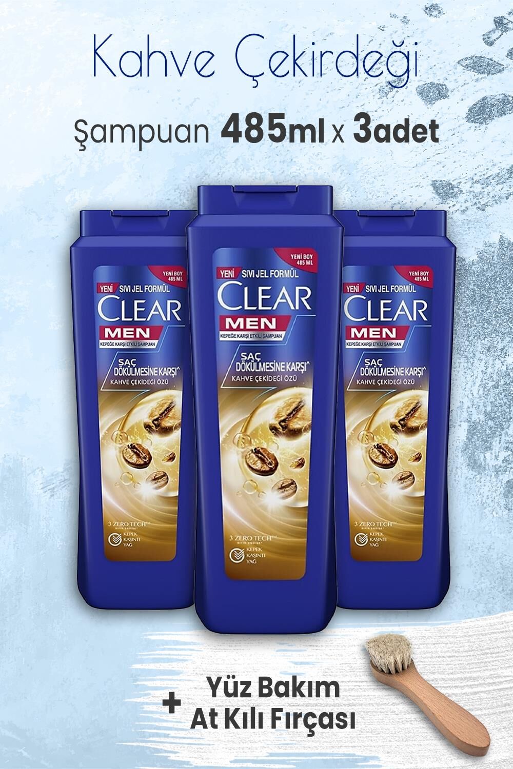 Clear Men Şampuan Kahve Çekirdeği Özü 485 ml x 3 Adet ve Yüz Bakım At Kılı Fırçası