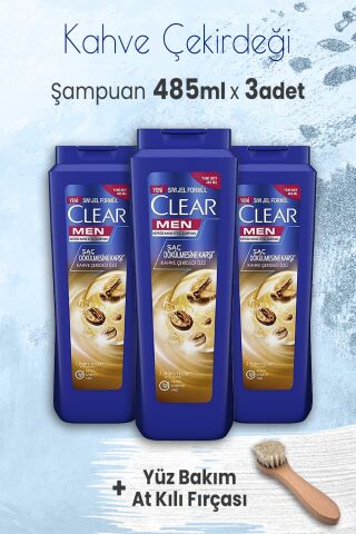 Clear Men Şampuan Kahve Çekirdeği Özü 485 ml x 3 Adet ve Yüz Bakım At Kılı Fırçası