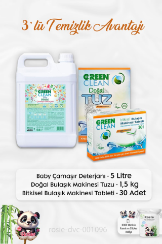 Green Clean Baby Çamaşır Deterjanı 5 lt, B.Makinesi Tableti 30'lu, Makine Tuzu 1.5 kg ve ROSIE