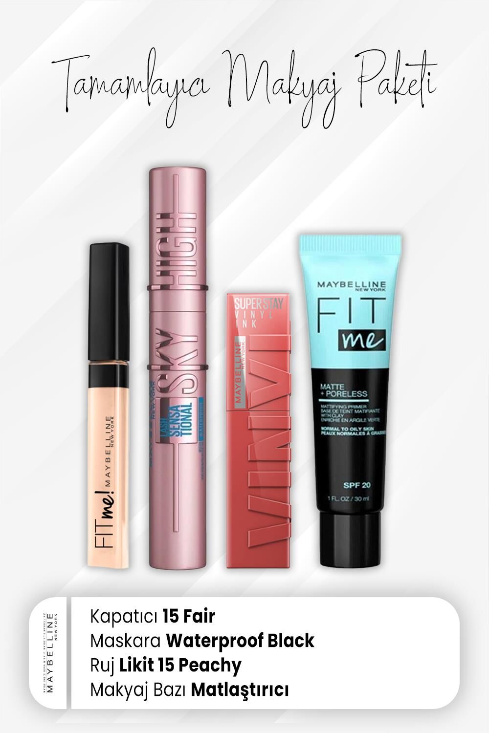 Maybelline New York Fit Me Kapatıcı 15, Sky High Maskara Waterproof Black, Vinyl Ink Ruj 15 Peachy ve Matlaştırıcı Baz