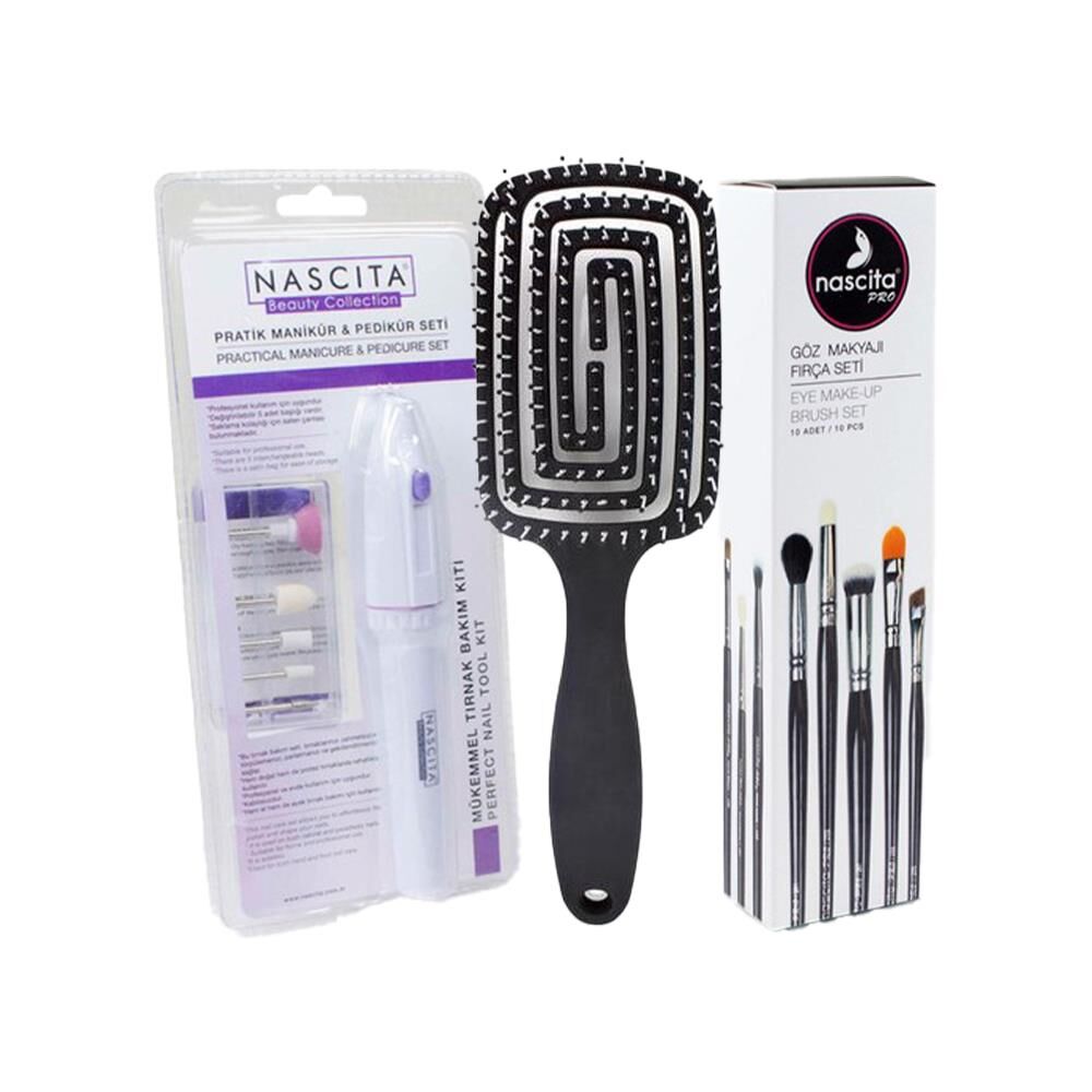 Nascita Üç Boyutlu Saç Fırçası Siyah, Göz Makyajı 10' lu Fırça Seti ve Manikür & Pedikür Seti