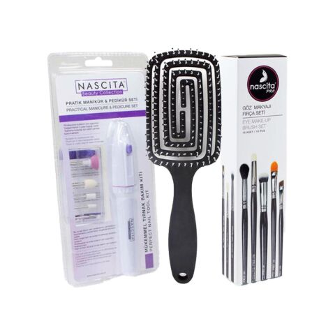 Nascita Üç Boyutlu Saç Fırçası Siyah, Göz Makyajı 10' lu Fırça Seti ve Manikür & Pedikür Seti