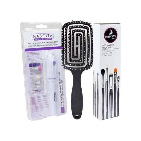 Nascita Üç Boyutlu Saç Fırçası Siyah, Göz Makyajı 10' lu Fırça Seti ve Manikür & Pedikür Seti