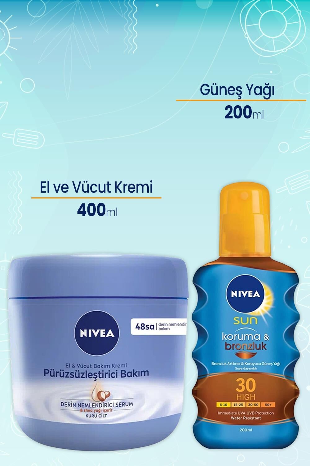 Nivea El ve Vücut Pürüzsüzleştirici Krem 400 ml ve Koruma Ve Bronzluk Yağı 30 200 Ml