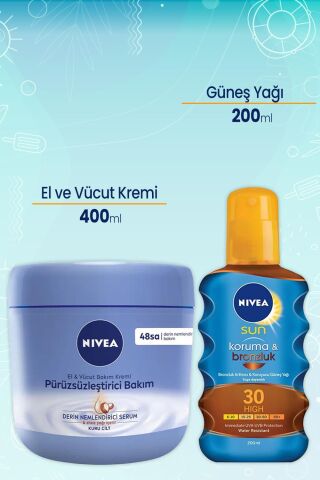 Nivea El ve Vücut Pürüzsüzleştirici Krem 400 ml ve Koruma Ve Bronzluk Yağı 30 200 Ml