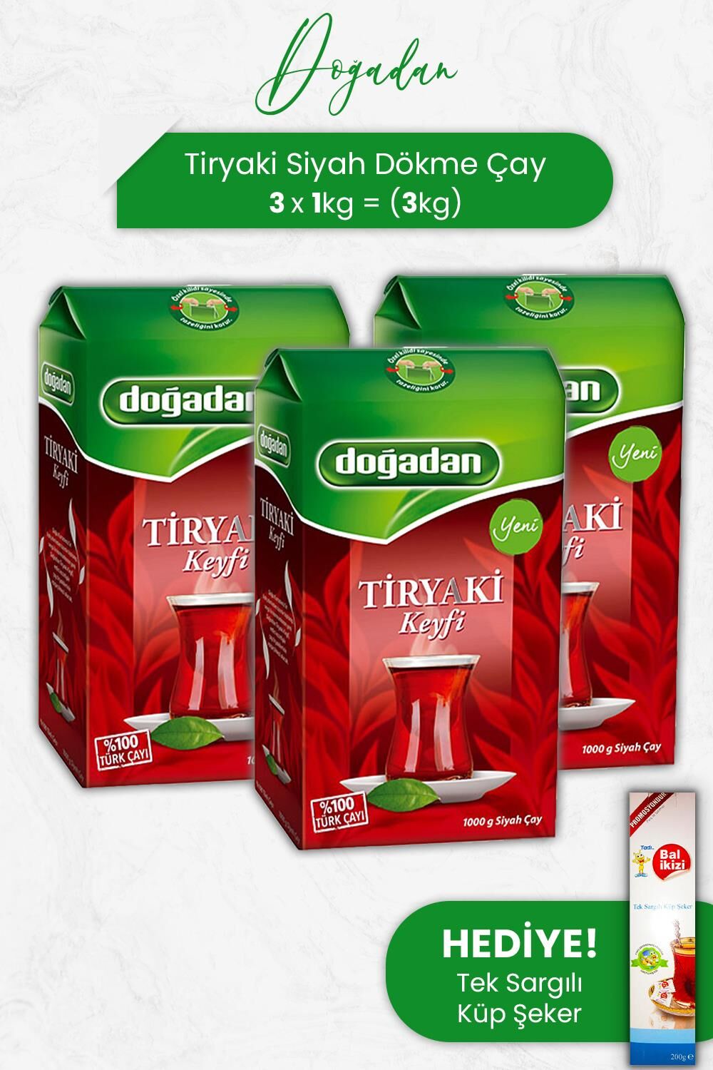 Doğadan Tiryaki Siyah Dökme Çay 1 kg x 3 Adet ve Tek Sargılı Küp Şeker