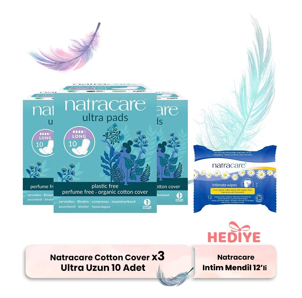 Natracare Organic Cotton Cover Ultra Uzun 10' lu x 3, İntim Mendili Hediyeli