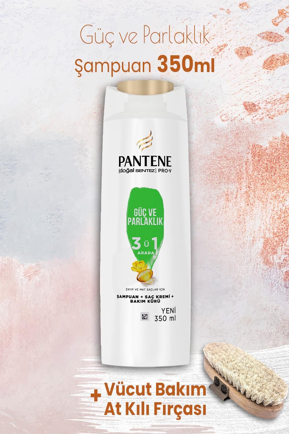 Pantene Şampuan Pro-V Güç ve Parlaklık 3'ü 1 Arada 350 ml ve Vücut Bakım At Kılı Fırçası