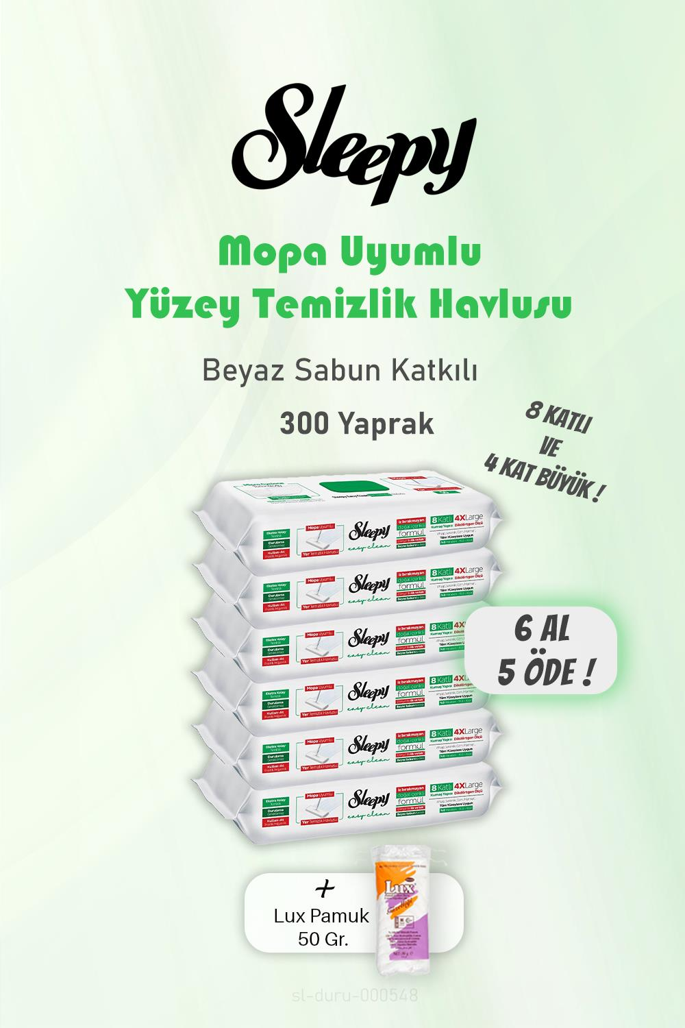Sleepy 300 Yaprak 6 AL 5 ÖDE Beyaz Sabunlu Yer Temizlik Havlusu ve Pamuk