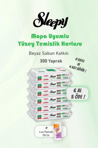 Sleepy 300 Yaprak 6 AL 5 ÖDE Beyaz Sabunlu Yer Temizlik Havlusu ve Pamuk