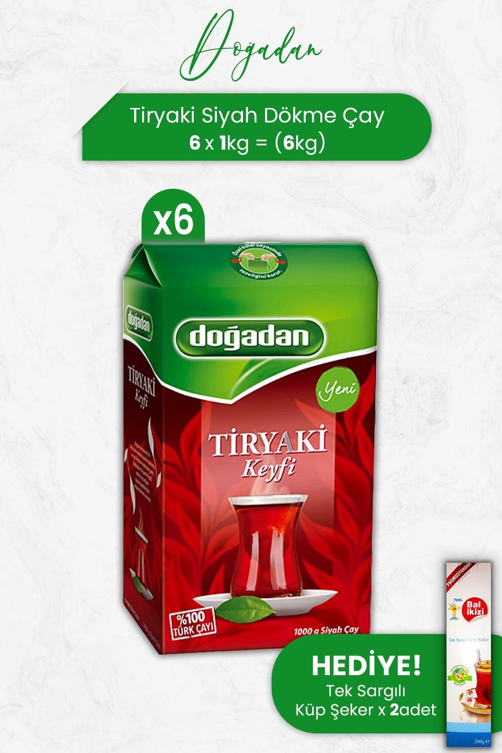 Doğadan Tiryaki Siyah Dökme Çay 1 kg x 6 Adet ve Tek Sargılı Küp Şeker x 2 Adet