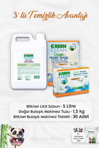 Green Clean Likit Sabun 5 lt, B.Makinesi Tableti 30'lu, Makine Tuzu 1.5 kg ve ROSIE
