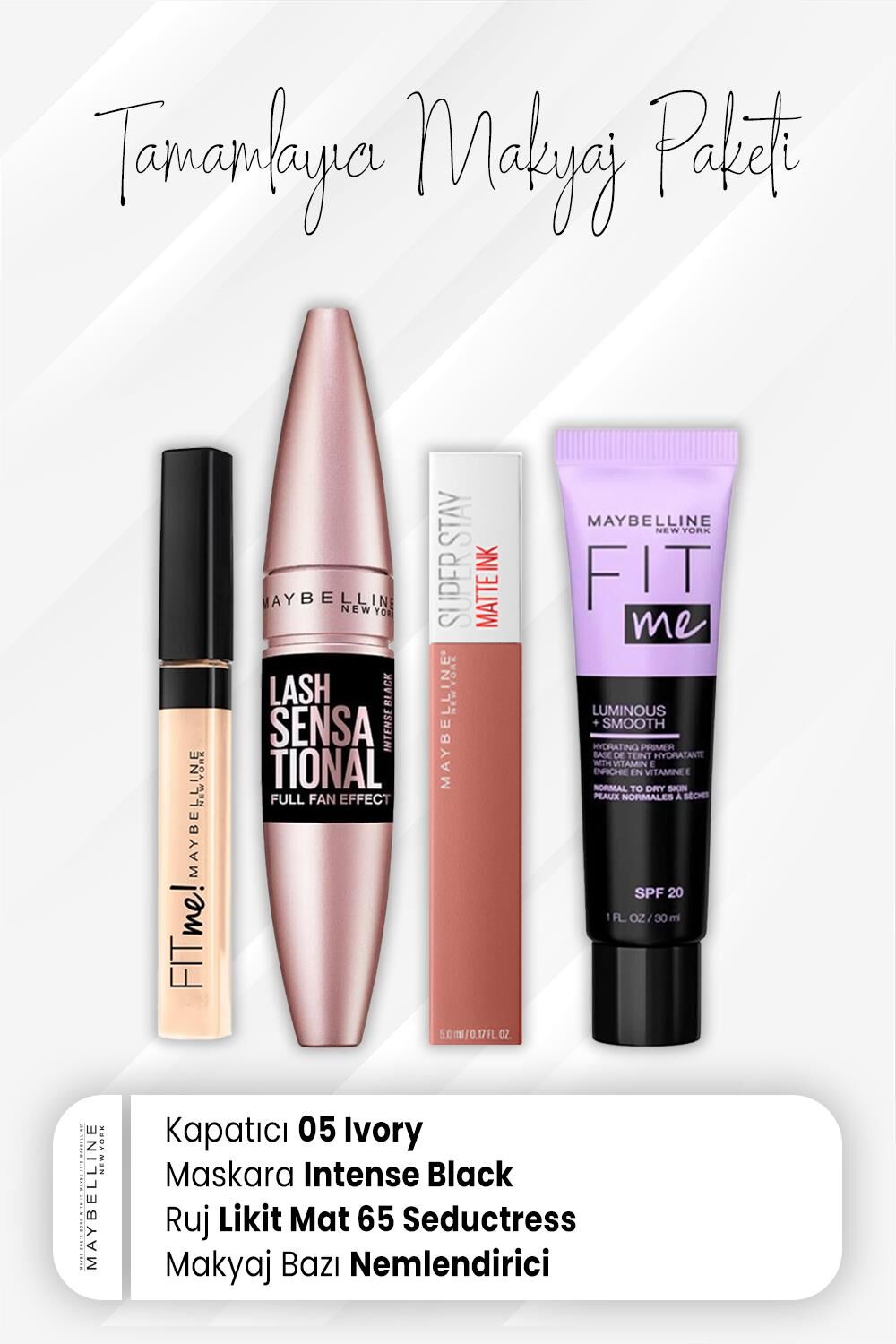 Maybelline New York Fit Me Kapatıcı 05, Full Fan Maskara Intense Black, Matte Ink Ruj 65 Seductress ve Nemlendiren Baz