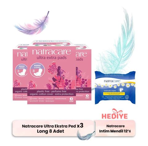 Natracare Ultra Ekstra Ped Long 8' li x 3, İntim Mendili Hediyeli