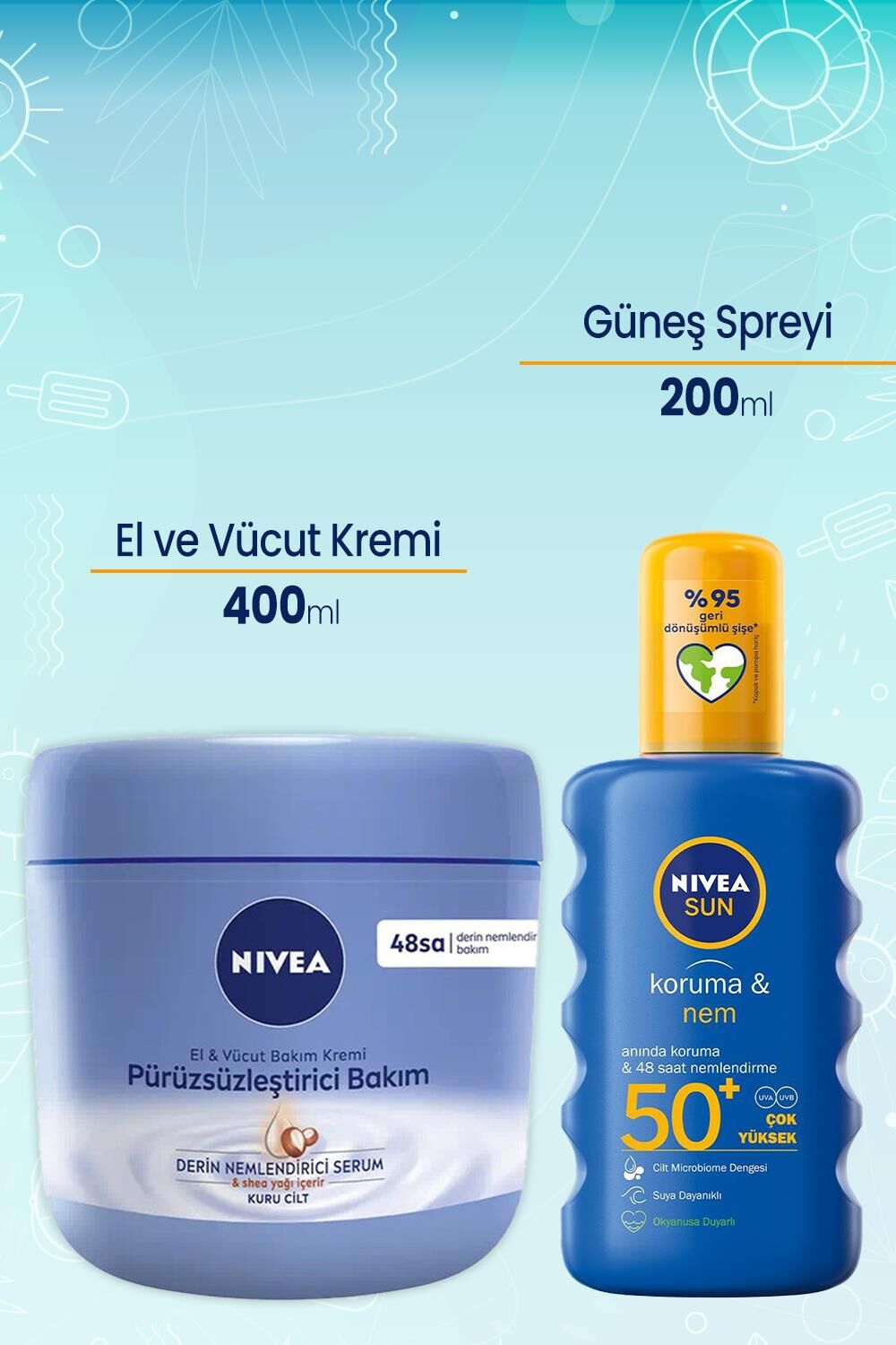 Nivea El ve Vücut Pürüzsüzleştirici Krem 400 ml ve Sun Koruma&Nem Nemlendirici Güneş Spreyi 50+ 200 Ml