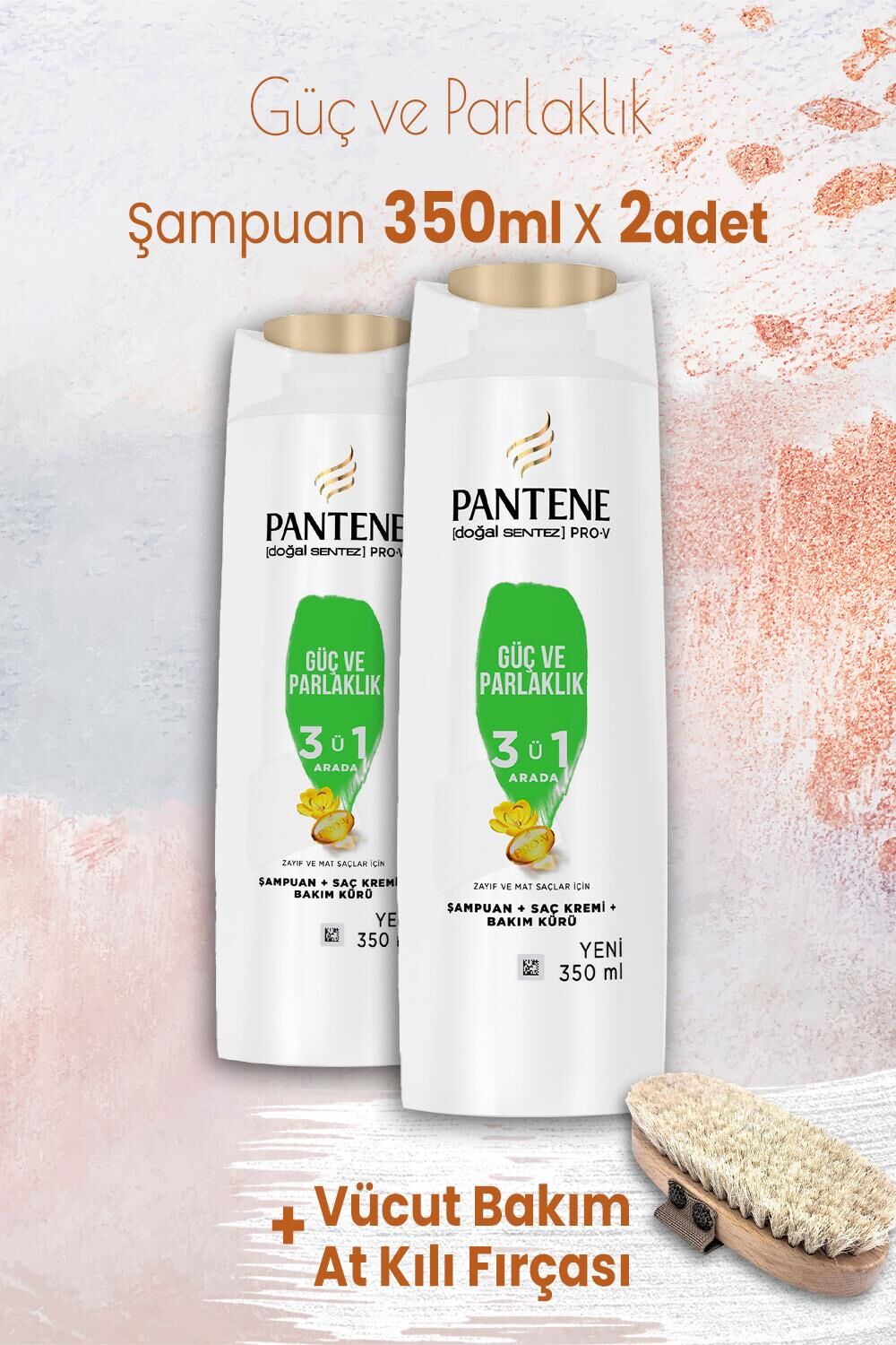 Pantene Şampuan Pro-V Güç ve Parlaklık 3'ü 1 Arada 350 ml x 2 Adet ve Vücut Bakım At Kılı Fırçası