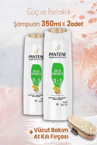 Pantene Şampuan Pro-V Güç ve Parlaklık 3'ü 1 Arada 350 ml x 2 Adet ve Vücut Bakım At Kılı Fırçası