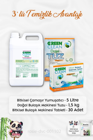 Green Clean Çamaşır Deterjanı 5 lt, B.Makinesi Tableti 30'lu, Makine Tuzu 1.5 kg ve ROSIE