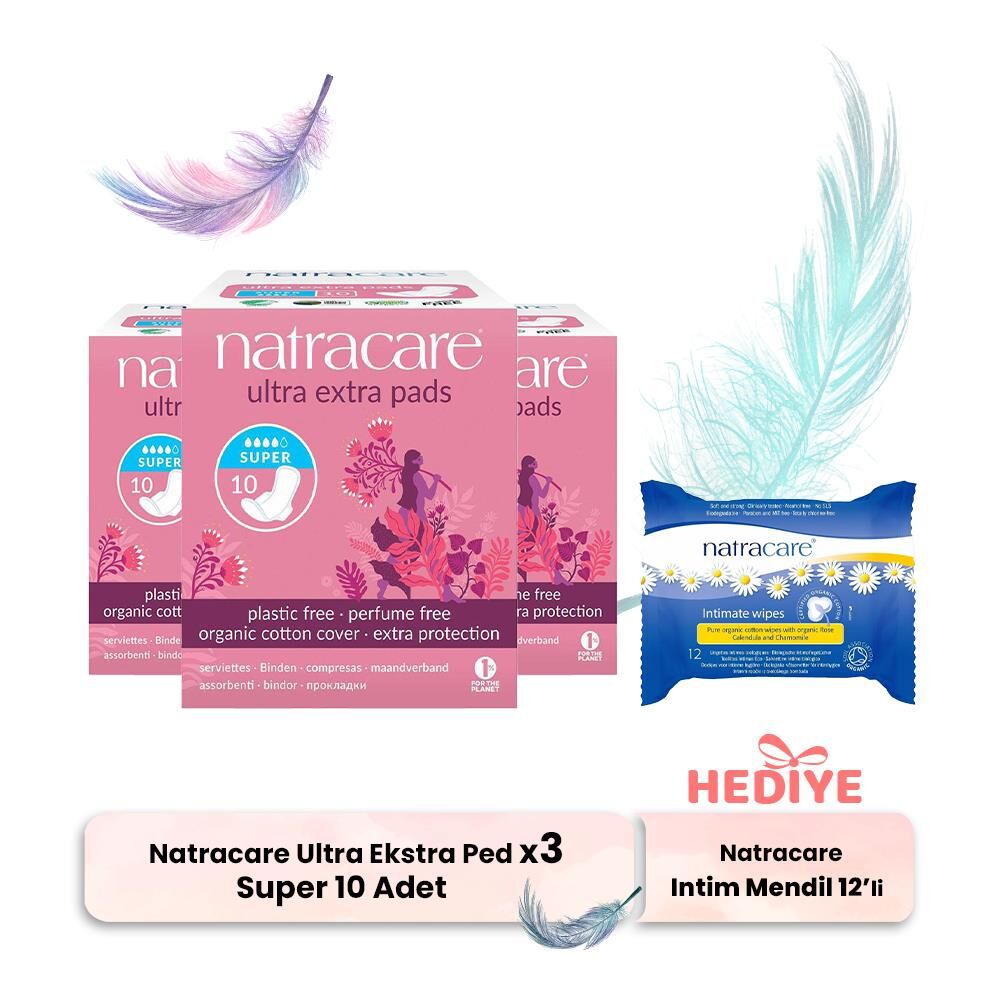 Natracare Ultra Ekstra Ped Super 10' lu x 3, İntim Mendili Hediyeli