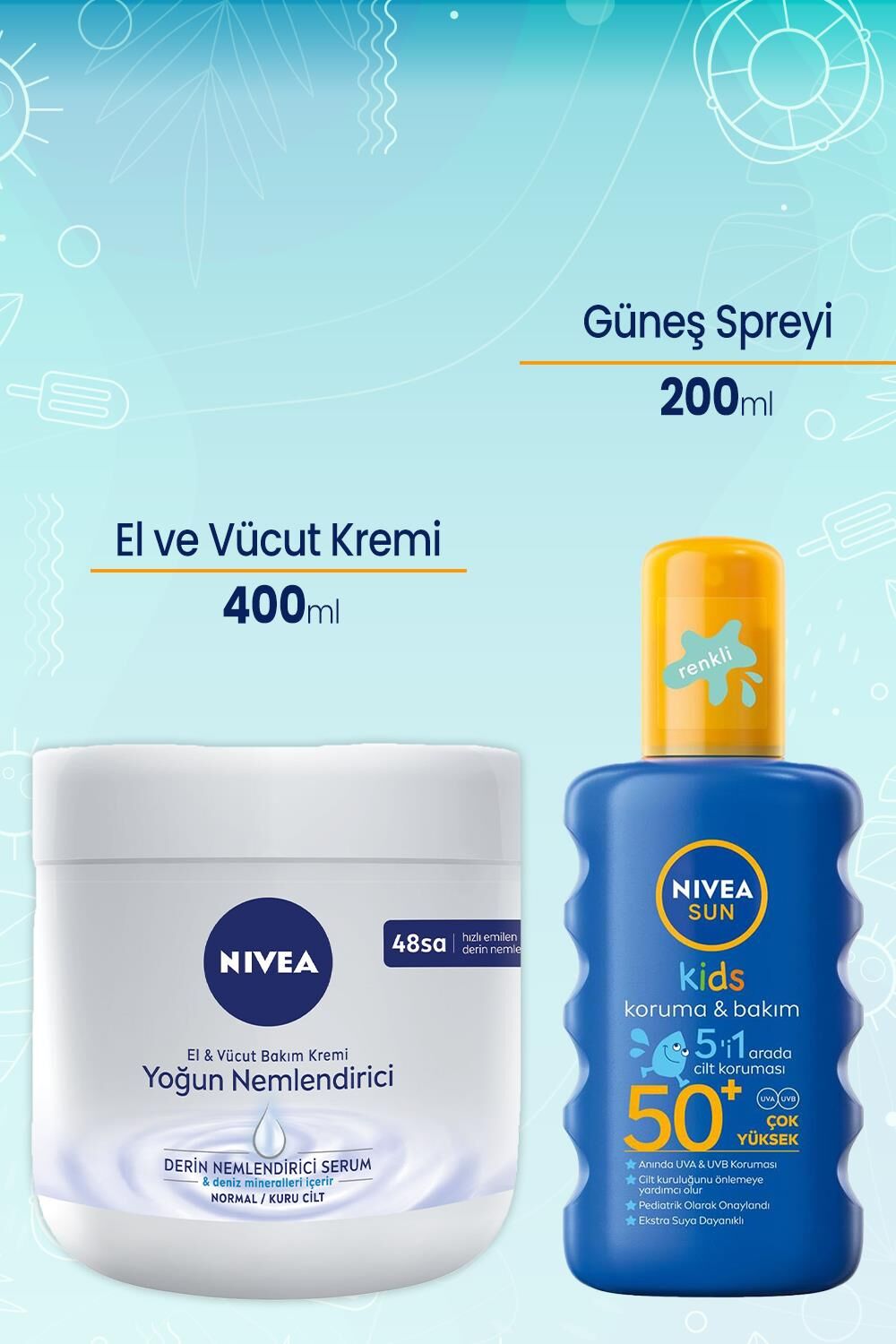 Nivea El ve Vücut Yoğun Nemlendirici  Krem 400 ml ve Sun Çocuk Renkli Nemlendirici Güneş Spreyi 50+ 200 Ml