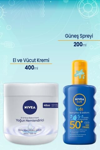 Nivea El ve Vücut Yoğun Nemlendirici  Krem 400 ml ve Sun Çocuk Renkli Nemlendirici Güneş Spreyi 50+ 200 Ml