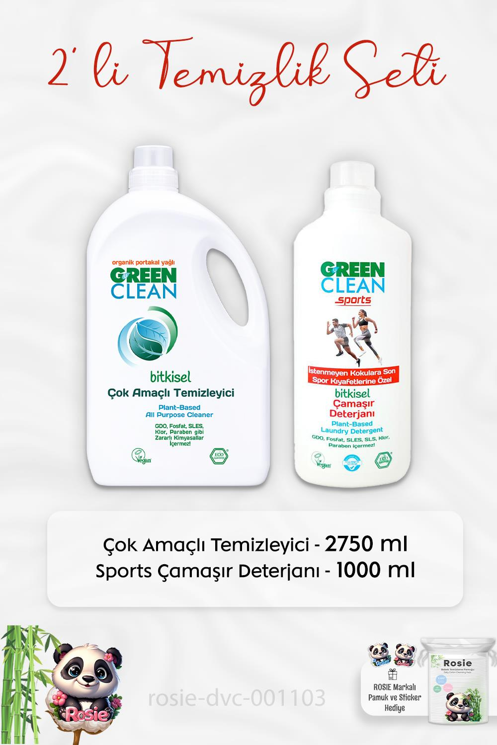 Green Clean Çok Amaçlı Temizleyici 2750 ml, Sports Çamaşır Deterjanı 1 lt ve ROSIE