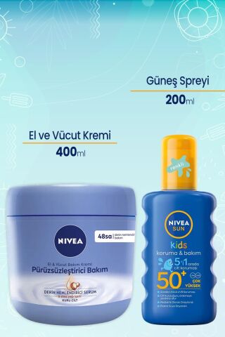 Nivea El ve Vücut Pürüzsüzleştirici Bakım Kremi 400 ml ve Sun Çocuk Nemlendirici Güneş Spreyi 50+ 200 Ml