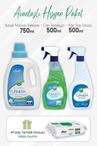Turmepa Bulaşık Makinesi Deterjanı 750 ml, Cam Temizleyici, Yağ Sökücü 500 ml ve Mopa Uyumlu 80'li