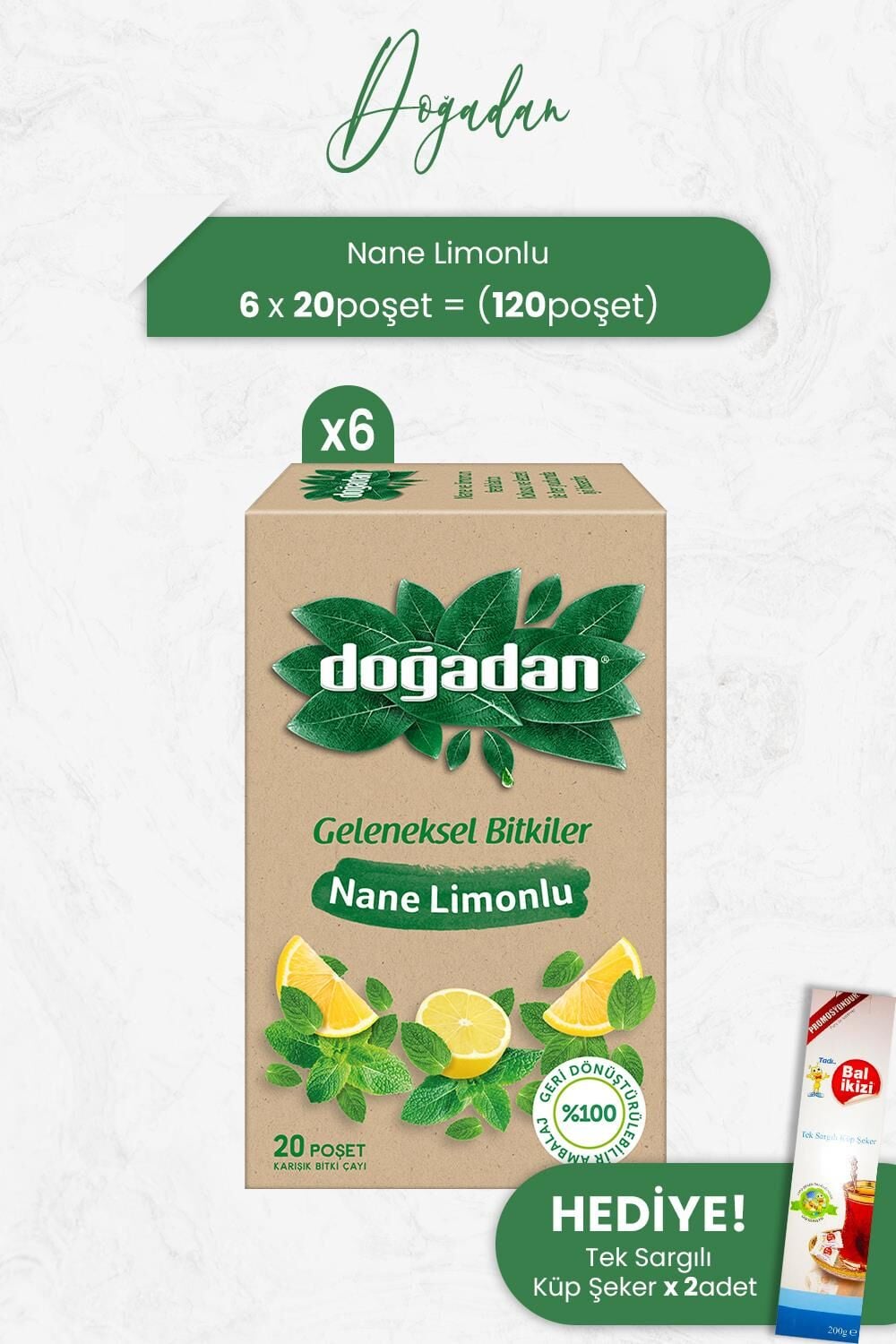 Doğadan Nane Limonlu Bitki Çayı 20'li x 6 Adet ve Tek Sargılı Küp Şeker x 2 Adet
