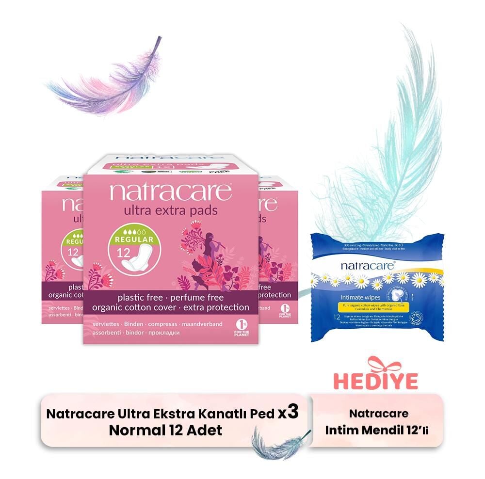 Natracare Ultra Ekstra Kanatlı Ped Normal 12' li x 3, İntim Mendili Hediyeli